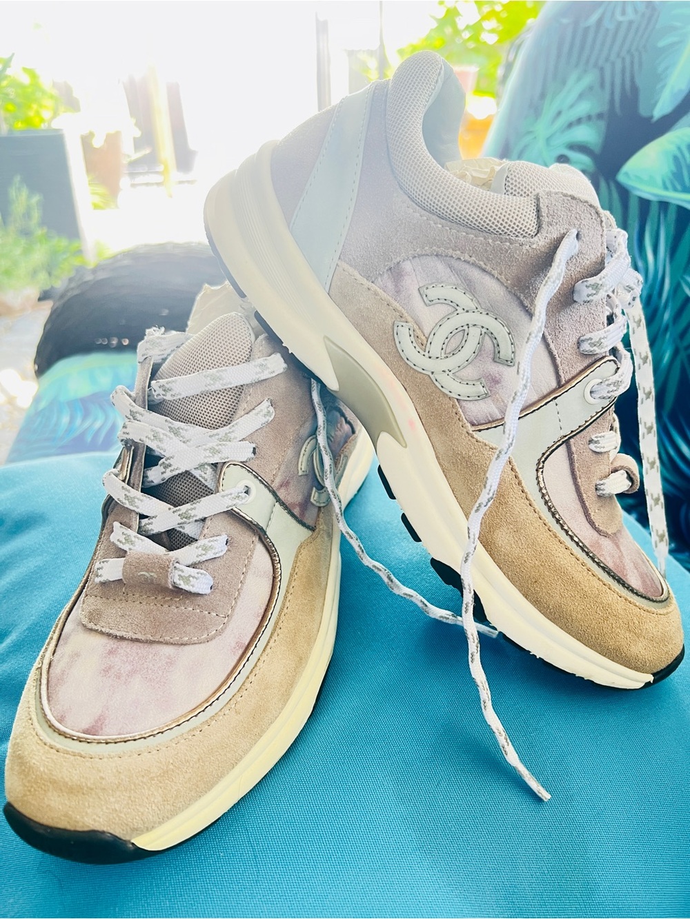 Designer-Inspired Beige & Light Purple Suede Lace-Up Sneakers